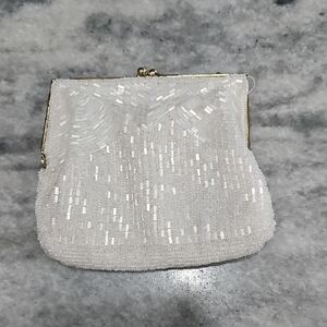Elegant White Beaded Clutch/ Crossbody With Removeable Chain